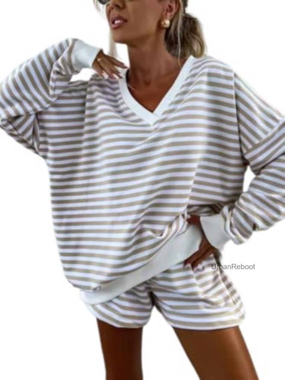 Striped Lounge Set Long Sleeve V Neck Sweatshirt and Shorts 2 Piece Outfit, 95%